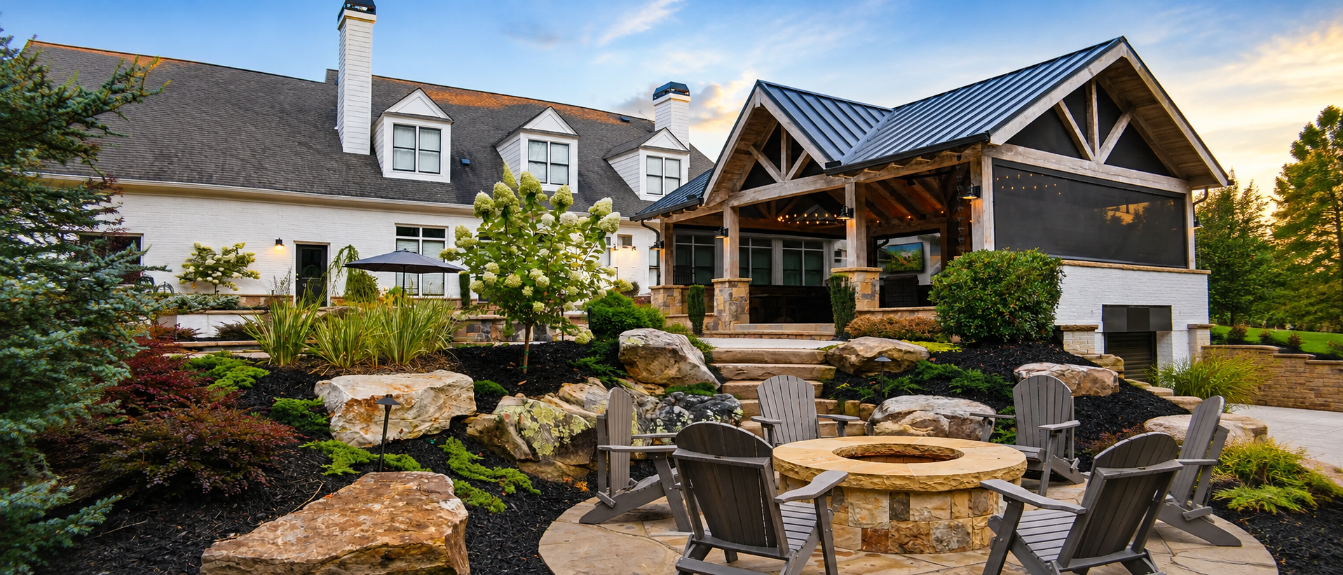 Completed Atlanta landscape with pool, terrace, and layered plantings