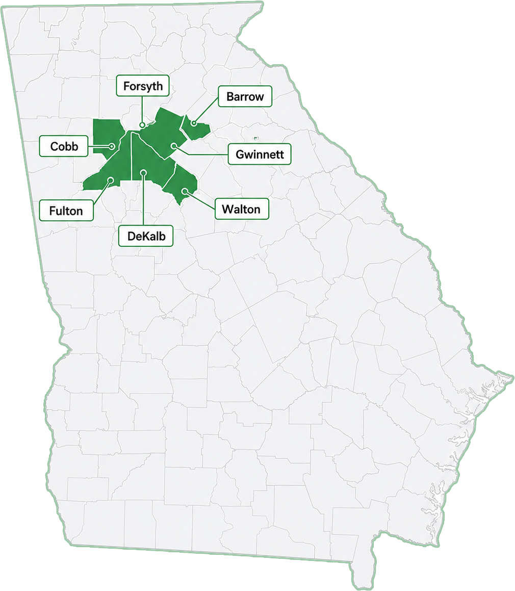 Service area map of Georgia highlighting Cobb, Fulton, DeKalb, Forsyth, Gwinnett, Barrow, and Walton counties for Atlanta Custom Landscapes.